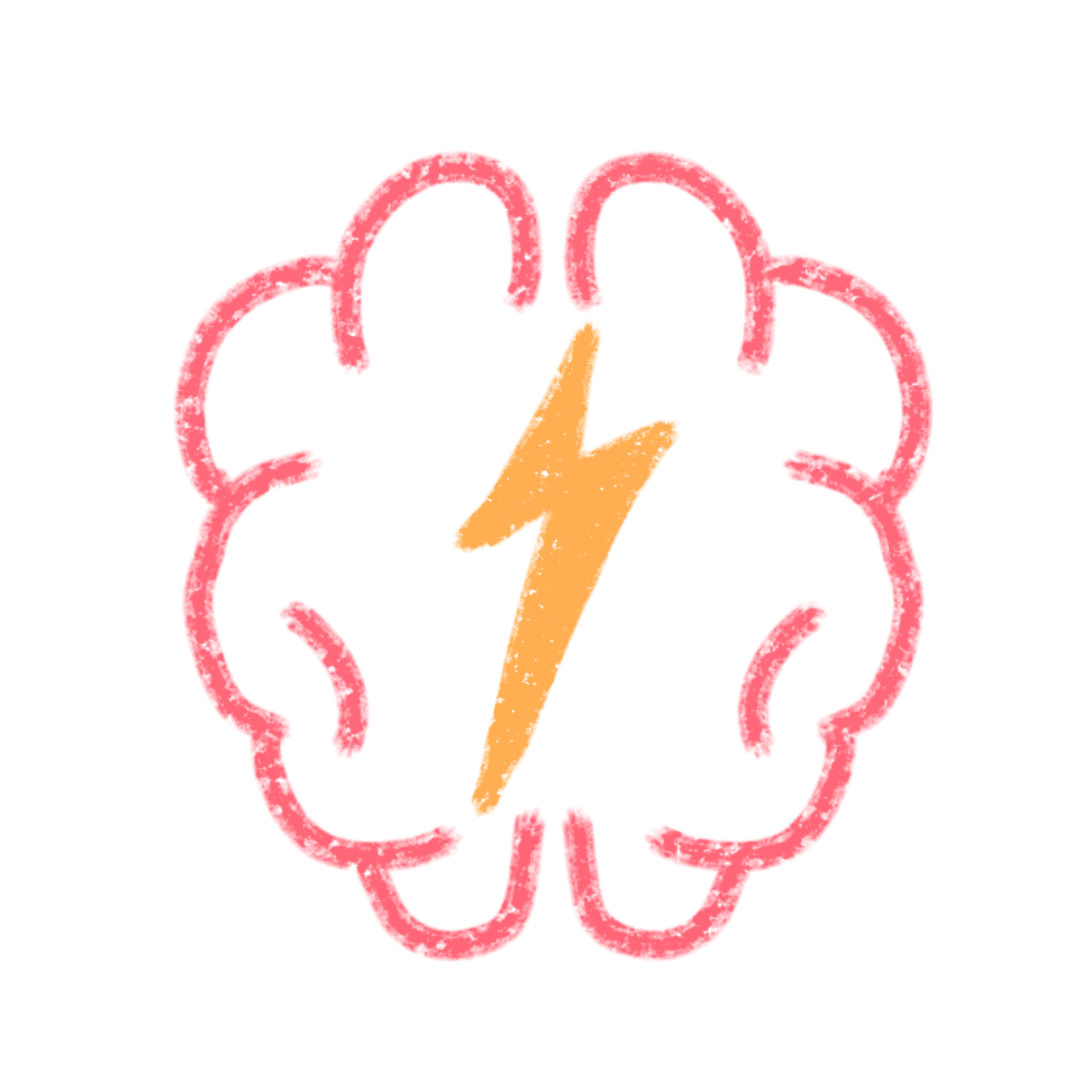 a stylized graphic of a brain outlined in pink with a yellow lightning bolt in the center. 